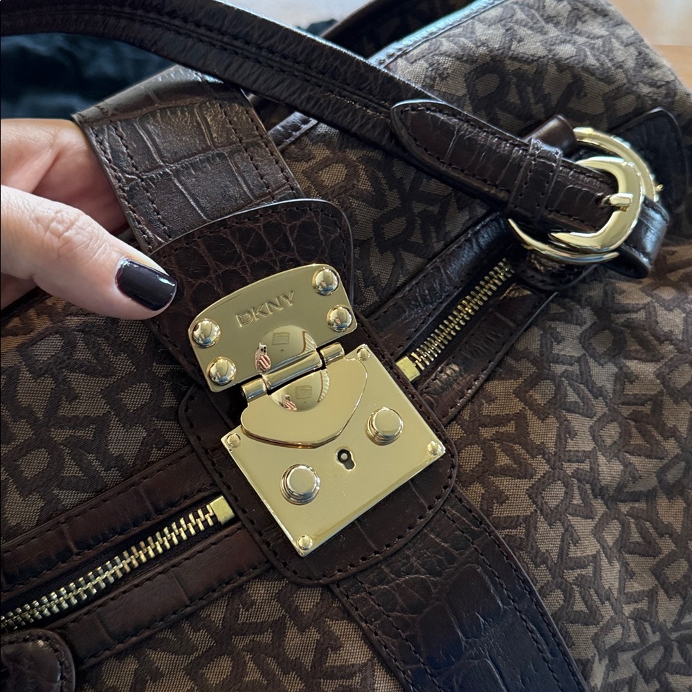 DKNY Brown Patterned Handbag with Gold Accents